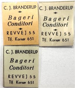 C.J. Branderup, Korsør, frimærkepenge, tre forskellige