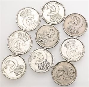 25 øre 1913, 1915, 1916, 1917, 1918, 1919, 1920, 1921, 1922. (9)