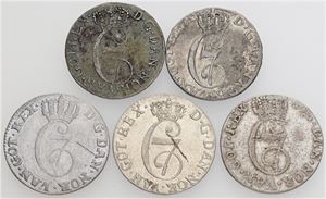2 skilling 1778, 1780, 1783, 1786, 1787. (5)