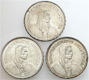 5 Franken 1937 B, 1951 B, 1966 B. (3)