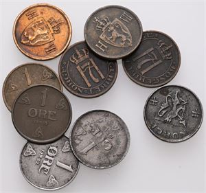 1 øre 1906, 1907, 1908, 1910, 1911, 1915, 1918, 1920, 1945. (9)