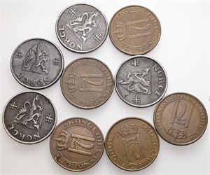 5 øre 1923, 1928, 1929, 1933, 1935, 1941, 1942, 1943, 1944. (9)