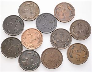 5 øre 1874, 1875, 1882, 1884, 1891, 1894, 1898, 1899, 1902, 1904, 1906. (11)