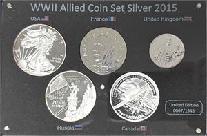 "WWII Allied Coin Set Silver 2015", set with five coins.
