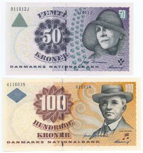 50 kroner 2001 A7, 100 kroner 1999 A1. (2)
