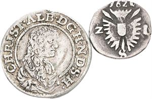 2 skilling lybsk 1621; 1/16 rigsdaler 1669. (2)