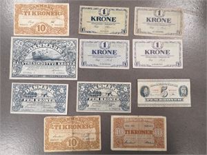 Samling pengesedler inkl. 10 kroner 1928 P; 50 kroner 1942 C. (11)