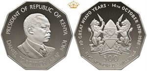 500 shillings 1988, Ag, 10th Anniversary of President Moi, in original box.
