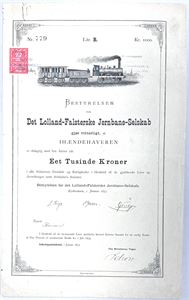 Det Lolland-Falsterske Jernbane-Selskab - 1875 - Aktiebrev - 1000kr.