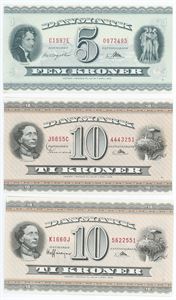 5 kroner 1959 C1; 10 kroner 1965 J6, 1966 0J. (3)