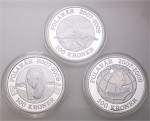 100 kroner 2007-2009, polarmønter, komplet sæt. (3)