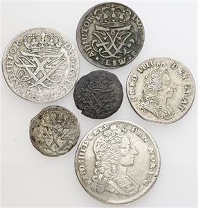 Samling skillingsmønter, 6 stk, inkl. skilling 1716 og 16 skilling 1716. (6)