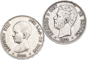 5 Pesetas 1871 (74), 1888 (88). (2)