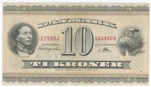 10 kroner 1957/1958 0J, nr. 5538808, Hartogsohn / Riim, Sieg - (cf. 133), Pick -