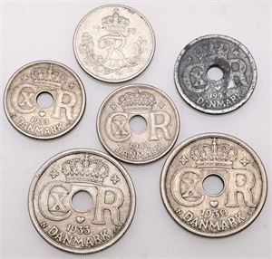 10 øre 1933, 1945, 1959; 25 øre 1930, 1933. (6)