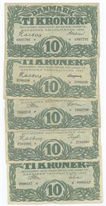 10 kroner 1948, 5 forskellige. (5)