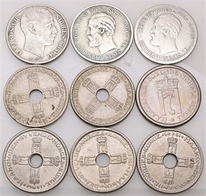 1 krone 1877, 1889, 1917, 1927, 1937, 1949, 1950, 1951, 1951. (9)