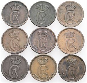 1 øre 1878, 1879, 1880, 1882, 1883, 1886 (2), 1887, 1888. (9)