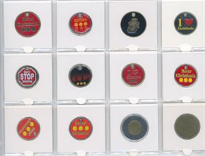 Samling vognpoletter 10 stk., samt tokens fra Nemoland og Oasen. (12)