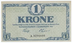 1 krone 1916 A, nr. 8294680, V. Lange / Olsen