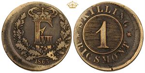 Skilling 1863 - fejlmønt med tallerkenpræg.