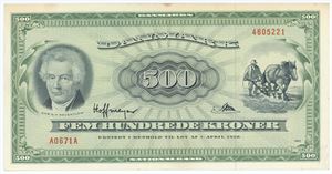 500 kroner 1967 A0, nr. 4605221, Hoffmeyer / Riim
