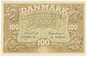 100 kroner 1943 B, nr. 7837049, Svendsen / Ingerslevgaard