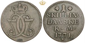 Skilling 1771, en del af perleranden er synlig
