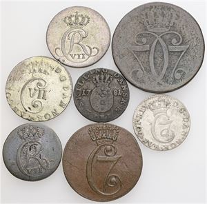 1/2 skilling 1771, 4 skilling 1807, samt 5 øvrige. (7)