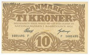 10 kroner 1934 F, nr. 1601495, V. Lange / Gjelleup