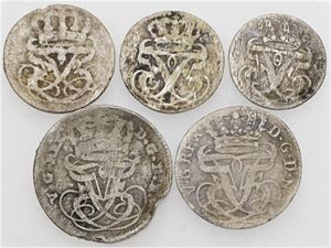 Skilling 1763, 1764, 1765, 2 skilling 1762, 1764. (5)