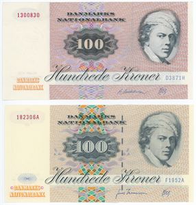 100 kroner 1987 D3,100 kroner 1995 F1. (2)