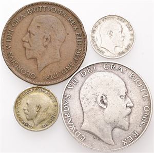 Penny 1929; 3 Pence 1908, 1920; 1/2 Crown 1902. (4)