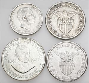 50 Centavos 1885; Peso 1907 S, 1908 S, 1961. (4)