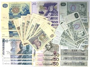 Samling brugte sedler, 50 stk., mere end 1100 kronor pålydende. (50)