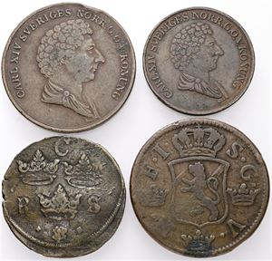 1/4 öre 1653, 2 öre 1747, 1 skilling banco 1836, 2 skilling banco 1837. (4)