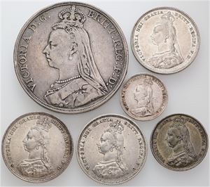 Crown 1891, Shilling 1887 (3), Sixpence 1887 and Threepence 1892. (6)