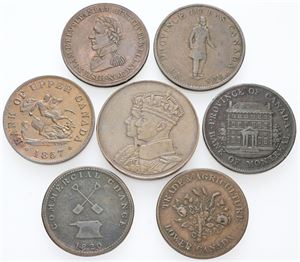 Halfpenny tokens and medal. (7)