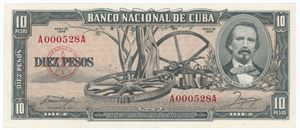 10 Pesos 1956, no. A000528 A