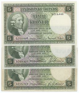 5 krónur u. år (1948), 3 stk. forskellige. (3)