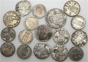 Samling, 2 og 8 skilling, 10 og 25 øre. (17)