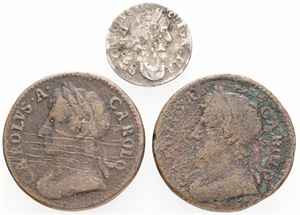 Farthing 1672, 1675, as well as Twopence 1679. (3)