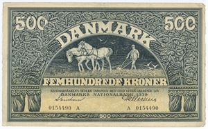 500 kroner 1939 A, nr. 0154490, Svendsen / Hellerung