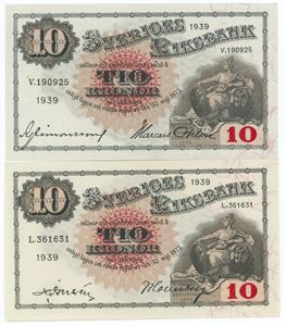 10 kronor 1939, 2 stk. forskellige. (2)