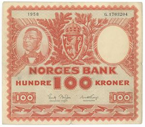 100 kroner 1958 G, nr. 1703204