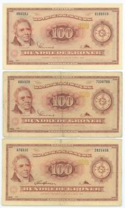 100 kroner 1965, 3 forskellige. (3)