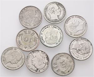 10 øre 1874, 1875, 1889, 1891, 1894, 1897, 1899, 1903, 1904. (9)