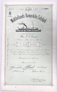Midtlollands Dampskibs Selskab - 1883 - Aktiebrev - 1000kr.