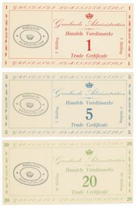 Handels Værdimærker, 1-, 5-, 20 skilling. (3)