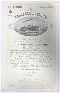 Fabriken Lolland - 1873 - Aktiebrev - 100 Rigsdaler.